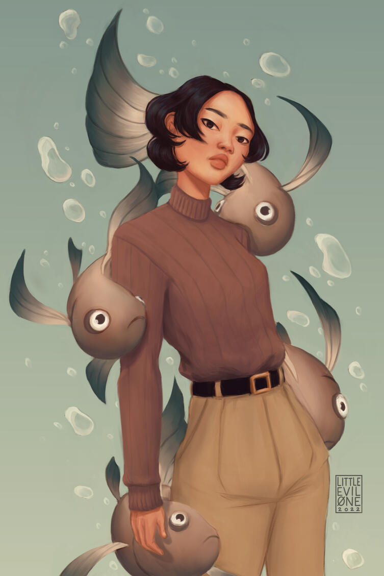 Person in a sweater with a wolf cut. Large fish swirl around them and bubbles float off them