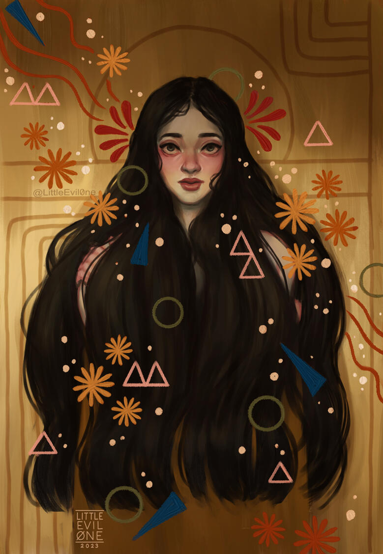 Woman with her hair covering her chest against a gold wall with patterns around her