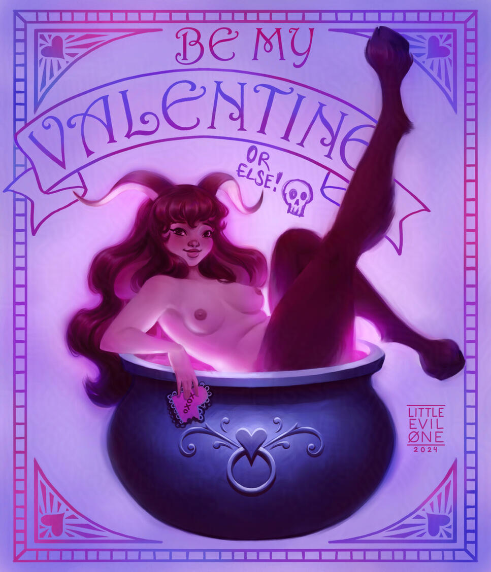chloe valentine A nude satyr girl sits in a cauldron with glowing pink contents. The purple background in bordered in hearts and patterns. Text reads "Be My Valentine. OR ELSE!"