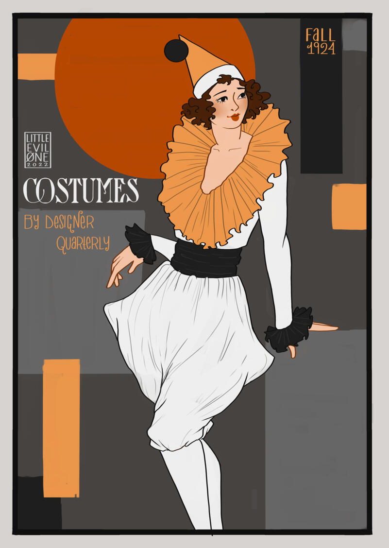 retroween A woman in a 1920s clown jest costume in front of an abstract background with a white border. Text reads "Little Evil One 2022. Costumes by Designer Quarterly Fall 1924"