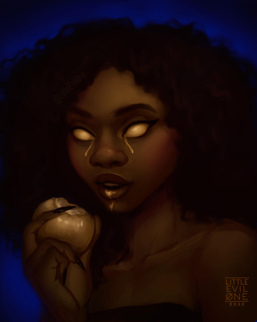 divine dining A woman with claw like nails eats a golden fruit with ichor on her lips and running from her eyes