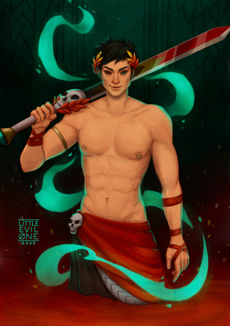 Zagreus shirtless, robe slung low on hips, with his sword on his shoulder and teal swirls around him as he stands in a red pool