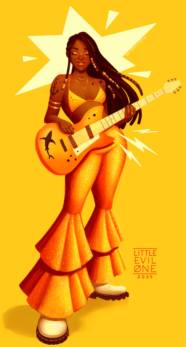 A tattooed siren in orange bell bottoms plays an electric guitar on a yellow background