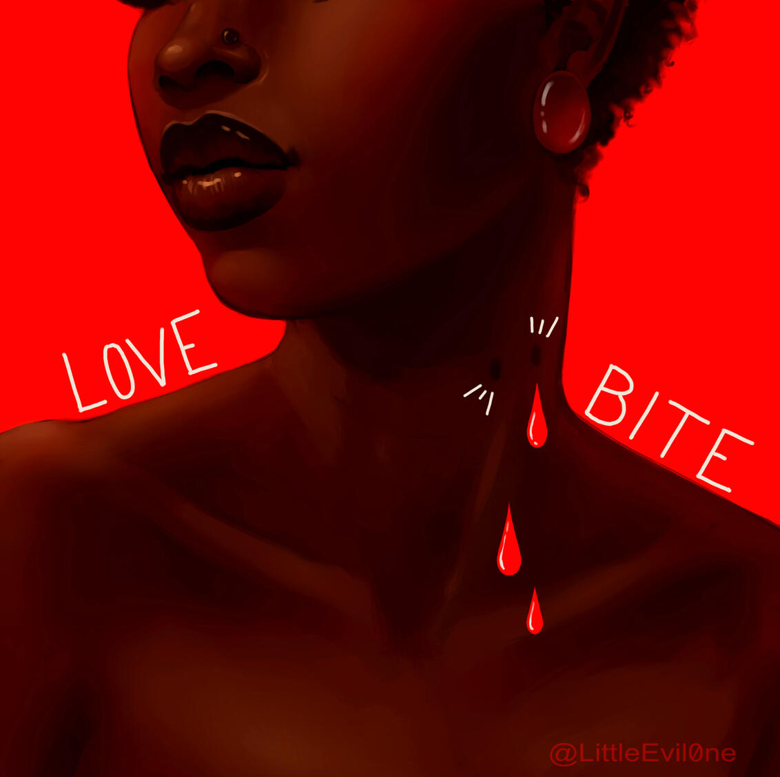 love bite A black woman's face and neck on a red background. Cartoon blood drops from 2 holes in her neck and text reads "Love Bites"
