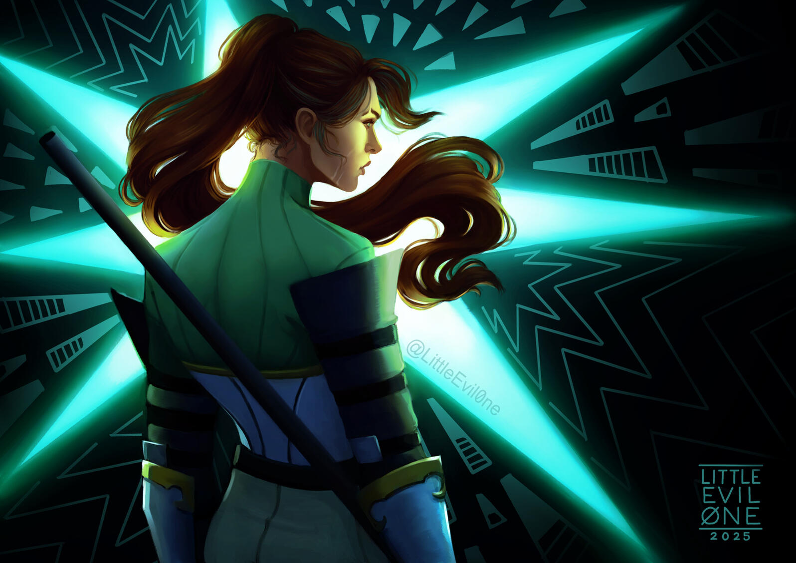 Untitled A woman in armor, spear in hand, faces away from the viewer. Her ponytail floats through the air as light bursts behind her symbols radiating out