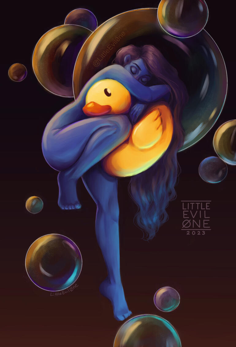 A blue woman hugging and hanging from a rubber ducky surrounded by soap bubbles