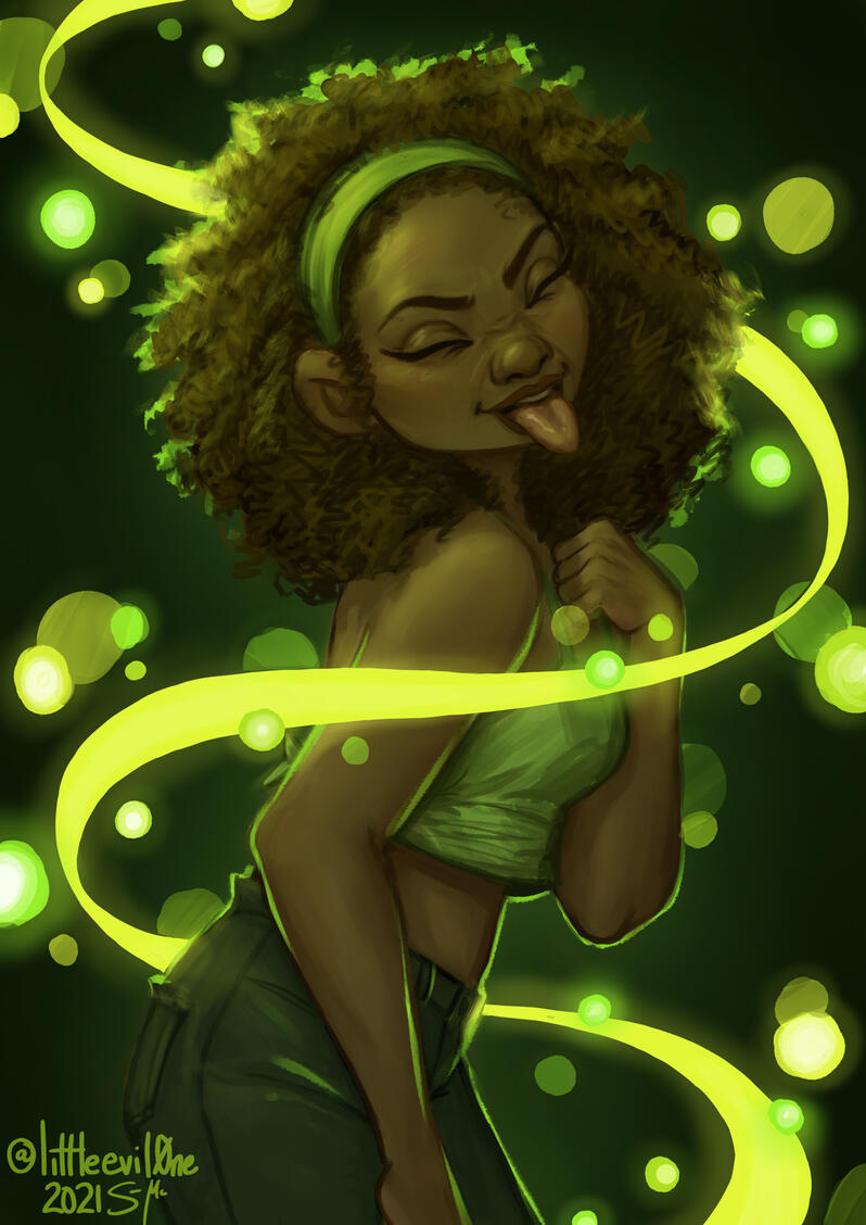 green sour Black woman with natural curls sticking her tongue out. A glowing yellow green ribbon wraps around her and glowing green orbs float around her