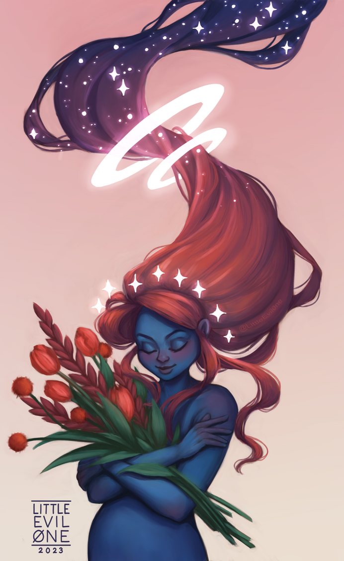 Woman with blue skin holds a bouquet. Her hair floats up behind her transitioning from pink to dark indigo and starry