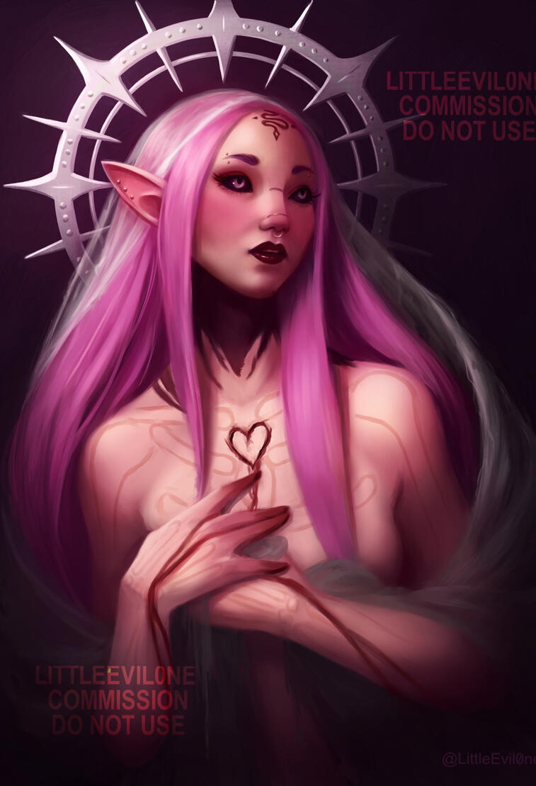 Bloody Valentine A pink haired Tattooed elf with bone scars, a bedraggled veil, a bleeding heart carved into her chest and a spike metal halo behind her