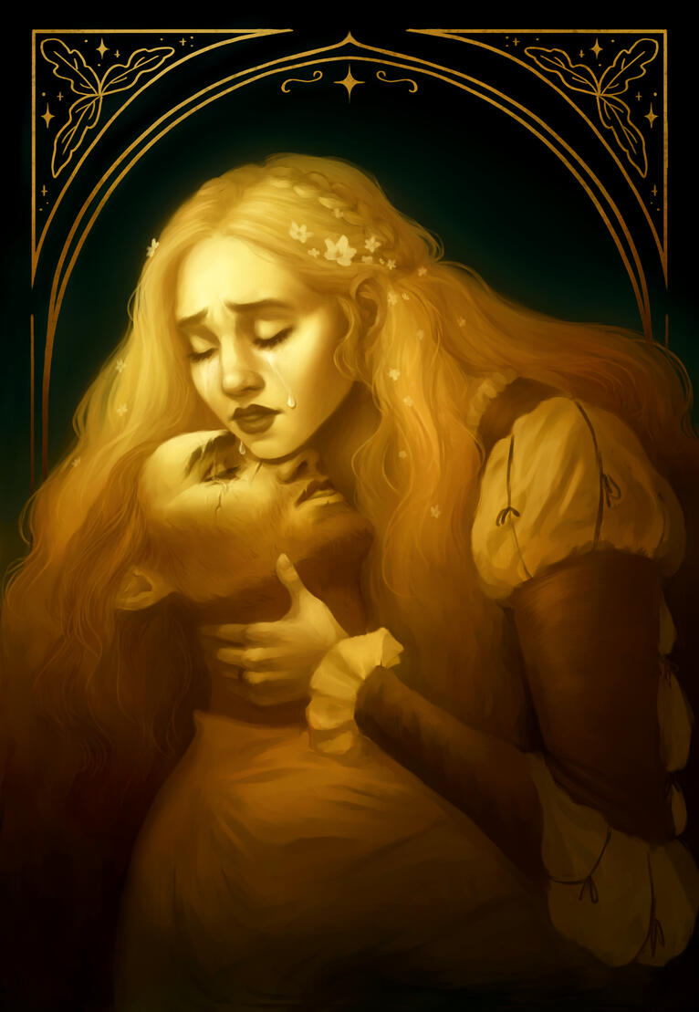 A plus size woman in teal skirt sits among orange balls of yarn and knitting needles