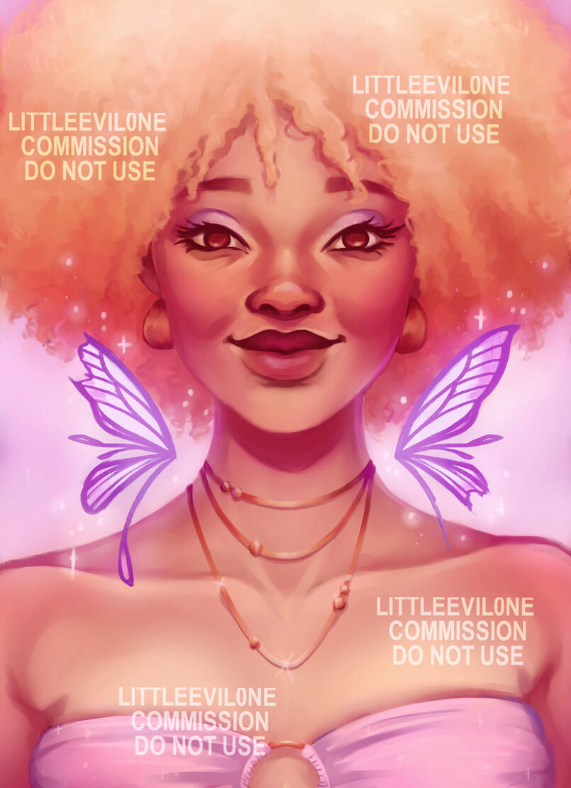 Fairy A blonde fairy with natural curls wearing a purple tube top and copper necklace with purple and white wings on either side of her neck