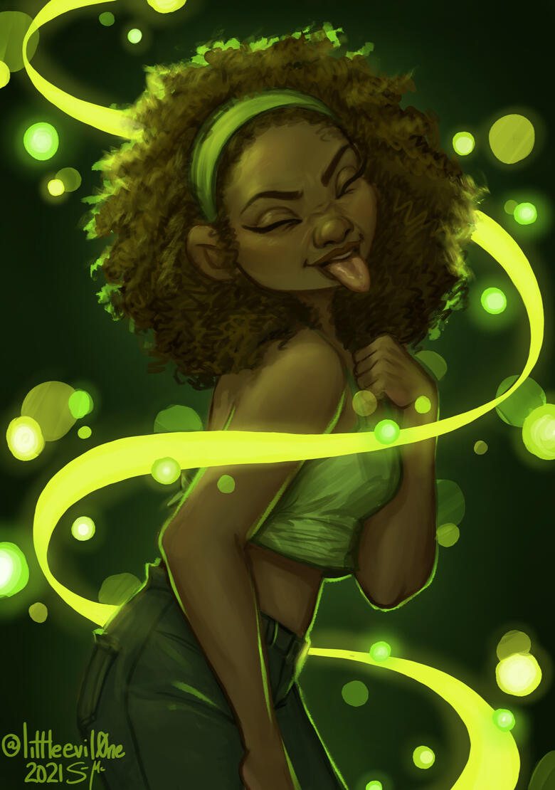 green sour Black woman with natural curls sticking her tongue out. A glowing yellow green ribbon wraps around her and glowing green orbs float around her