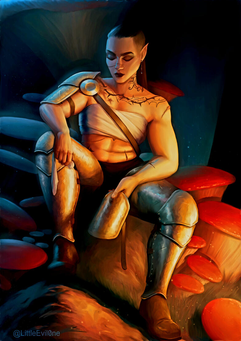 A tattooed warrior in partial armor cleans a piece of her armor in the firelight surrounded by mushrooms