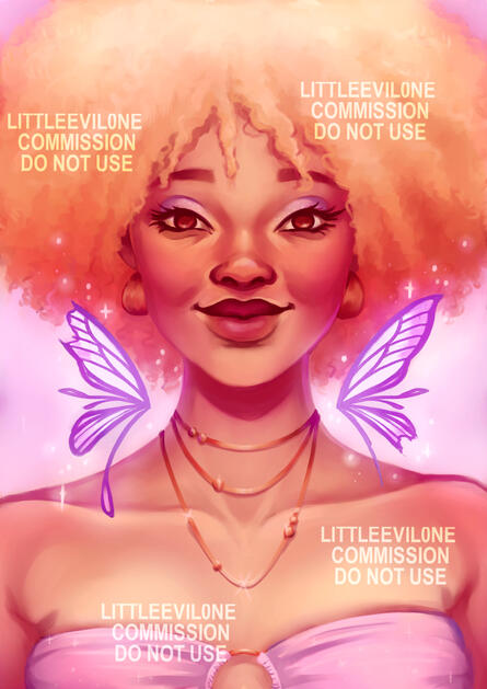 A blonde fairy with natural curls wearing a purple tube top and copper necklace with purple and white wings on either side of her neck