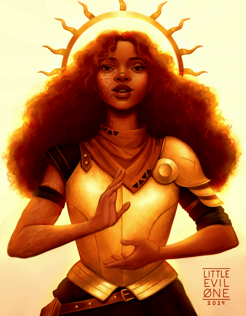 A paladin with burn scars on her face and arms wears golden armor with a gold sun halo