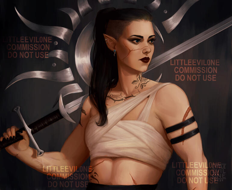 A buff tattooed scarred woman holds her sword on her shoulder. A crescent moon/sun symbol in metal behind her