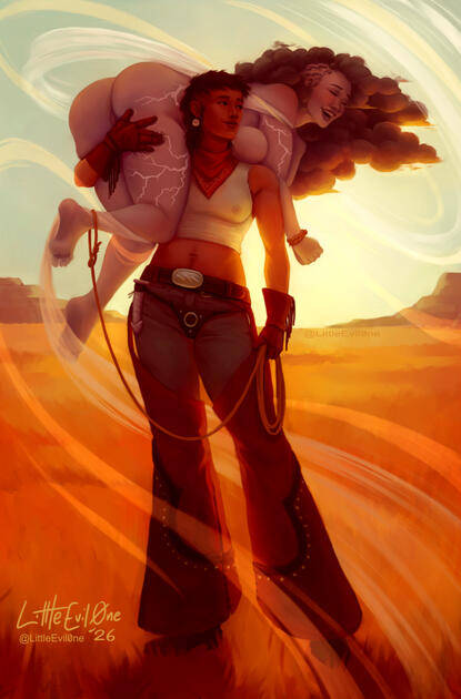 A cowgirl in chaps hoists her lassoed tornado elemental girlfriend on her shoulder in a field with the sun setting behind them. The laughing tornado girlfriend has storm cloud hair, lightning bolts across her body and is wrapped in swirls of wind. The cowg