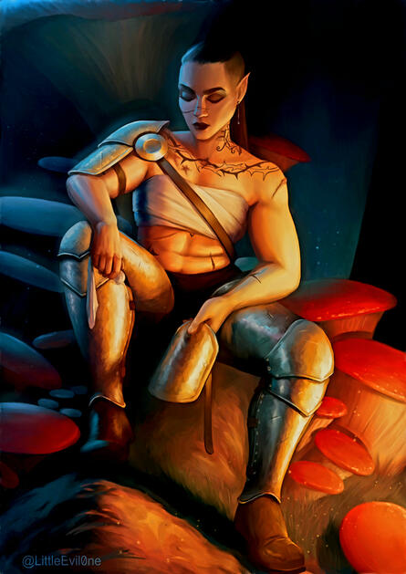 A tattooed warrior in partial armor cleans a piece of her armor in the firelight surrounded by mushrooms