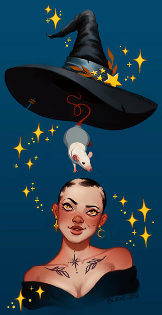 A tattooed witch with alopecia smiles up at her rat familiar and witch's hat magically floating away