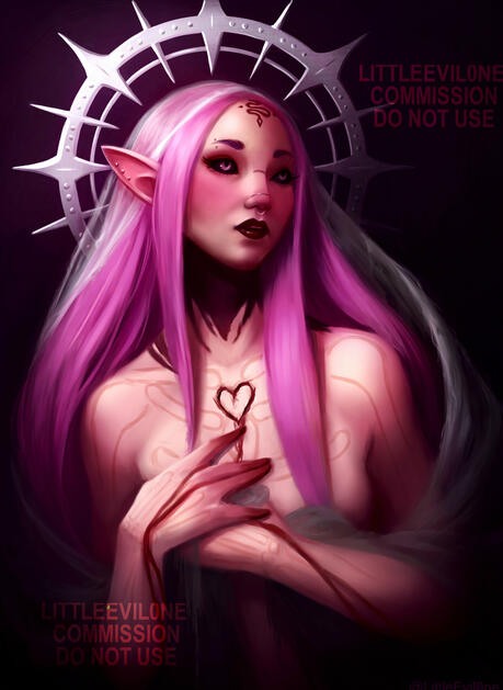 A pink haired Tattooed elf with bone scars, a bedraggled veil, a bleeding heart carved into her chest and a spike metal halo behind her