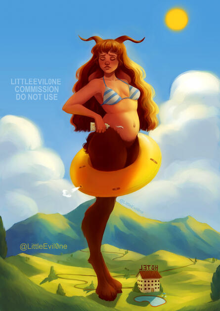 A giant pouting satyr wearing a swimsuit looks down at a leak in her patched pool floaty while putting on sunscreen. She stands above a tiny hotel pool in an isolated hillside