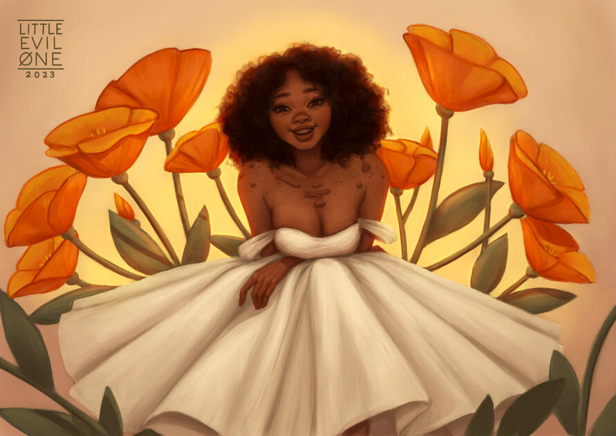 Smiling woman in a white dress surrounded by orange poppies. She has keloids on her chest and natural curls