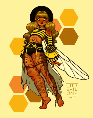 A heavily tattooed fairy in alt black and yellow clothes and bee wings poses in front of a honey comb pattern. One leg is swollen from lymphedema