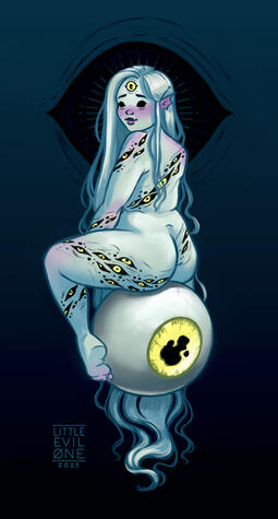 A female eldritch demon with long hair, pale blue skin and black and yellow eyes all over her body sits on a giant eyeball she has pulled out of its socket in the sky
