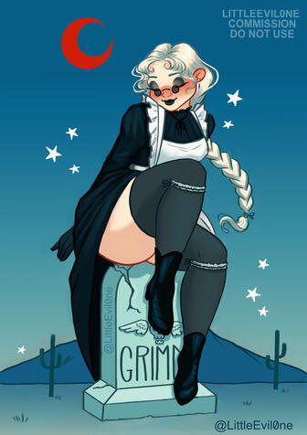 A white women with a white braid, black dress, apron and stockings, sits on a grave labeled Grimm. The desert around her is night with a red crescent moon in the sky