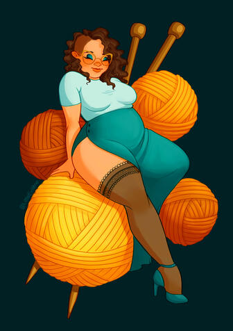 A plus size woman in teal skirt sits among orange balls of yarn and knitting needles