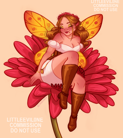A blonde fairy sits in a fuchsia Gerbera daisy. The fairy wears a white dress, a brown corset and boots, and a pink flower crown. her wings are yellow with pink tips