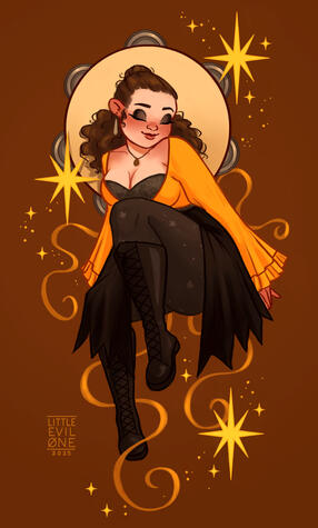 a brunette with a yellow shirt and black skirt and tights. Behind her is a tambourine with Ribbons and a trail of sparkles