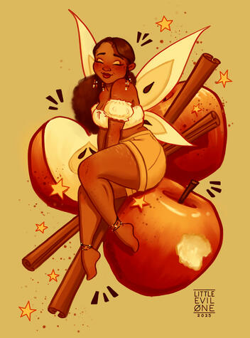 A freckled fairy in a cream outfit with apple slice wings sits on one of the three apples surrounding her. Cinnamon sticks run through the apple pile trailed by Cinnamon dust and stars. Content warning for self harm scars