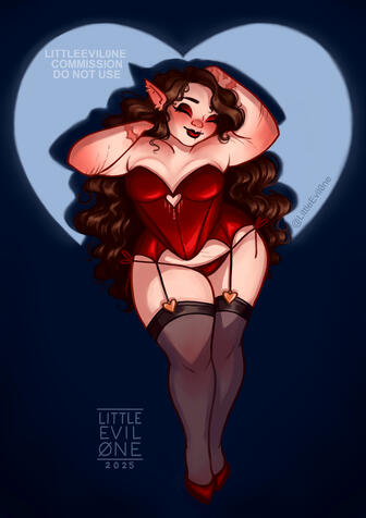 a scarred brunette elven woman wearing a red corset and gartered stockings stands in a heart shaped spotlight. She has red and black make up and a heart shaped cut out in her corset