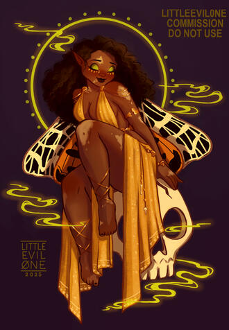 an elf woman with vitiligo and tiger moth wings sits on a skull. She wears a sparkly gold dress and bone jewelry while green magic swirls around her