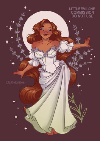 A tan brunette with long hair wears a white and green princess dress with purple flowers. Behind her are the moon and stalks of lavender