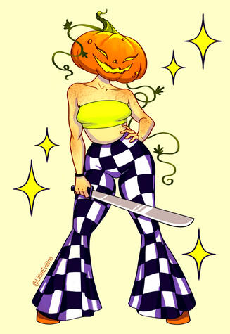 A freckled figure with a pumpkin head, tube top and checkered bell bottoms, grins menacingly while brandishing a machete