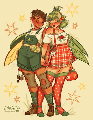 Two winged people hold hands with star doodles around them. On the left an androgynous person with short brown hair wears green overalls, a fanny pack, knee braces and boots. There are beetle embellishments and they have beetle wings. On the right is a gir